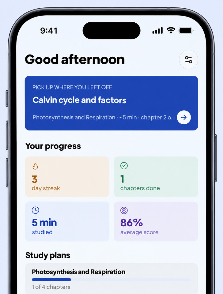Tuki AI dashboard with a study plan, a day streak and quiz scores